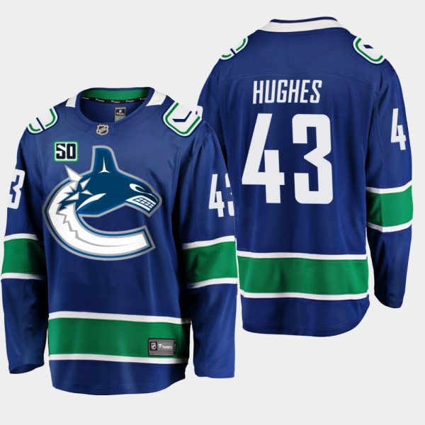 Herren Vancouver Canucks Eishockey Trikot Quinn Hughes #43 Blau 50th Anniversary Heim Player